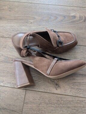 Suede Slingback Block Heel Loafers in Brown